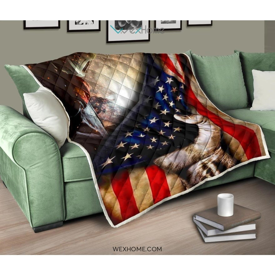 Welder Hand Pulling American Flag Quilt