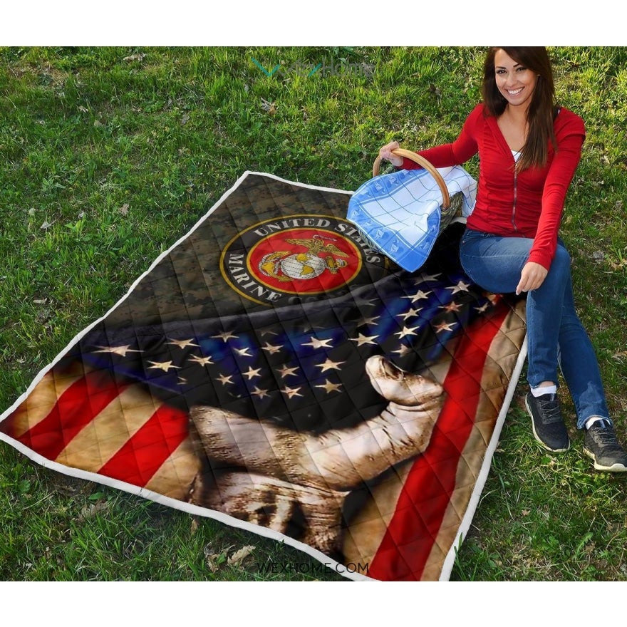 US Marine Hand Pulling American Flag Quilt