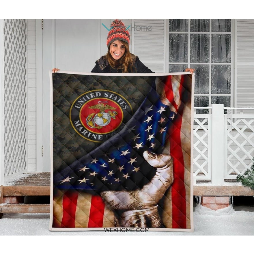 US Marine Hand Pulling American Flag Quilt