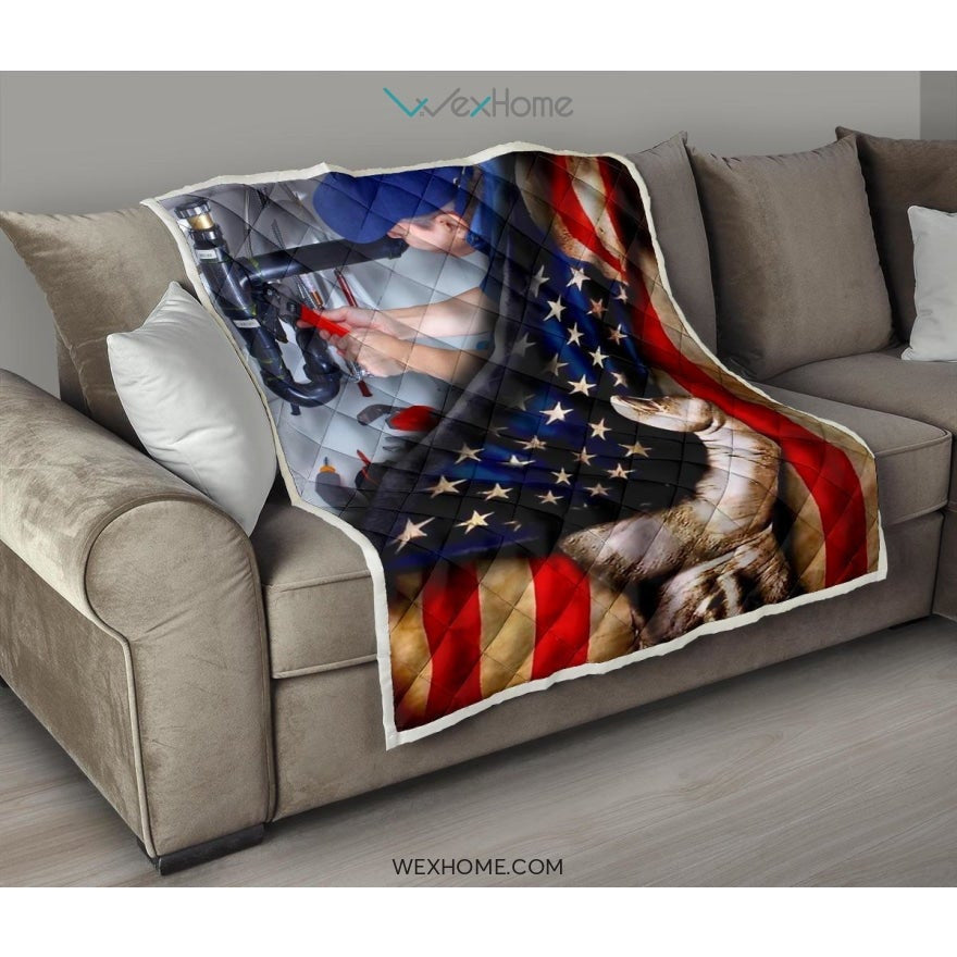 Plumber Hand Pulling American Flag Quilt