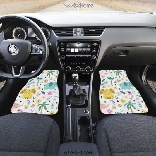 Cute Elephants Palm Tree Flower Butterfly Pattern Front And Back Car Mats
