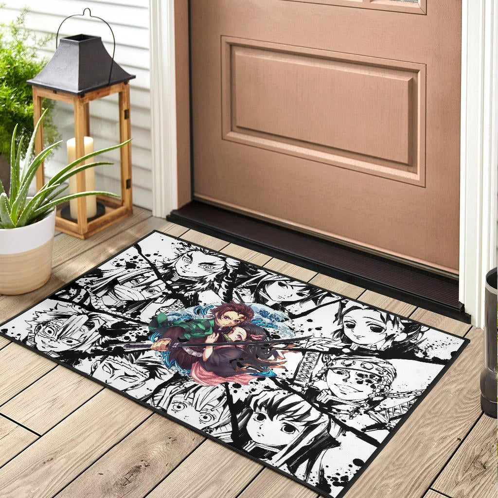 Demon Slayer Anime Tanjiro Protect Nezuko Vs Villains Black White Door Mat Home Decor