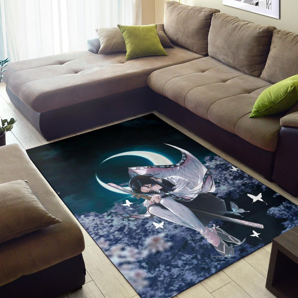 Demon Slayer Anime Lonely Shinobu With Butterflies Night Moon Area Rug Home Decor