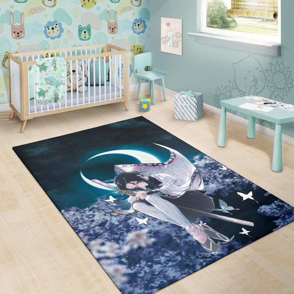 Demon Slayer Anime Lonely Shinobu With Butterflies Night Moon Area Rug Home Decor