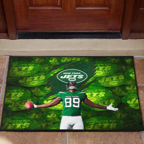New York American Football Jets Football Player 89 Celebrating Score Holding Ball Door Mat Home Decor