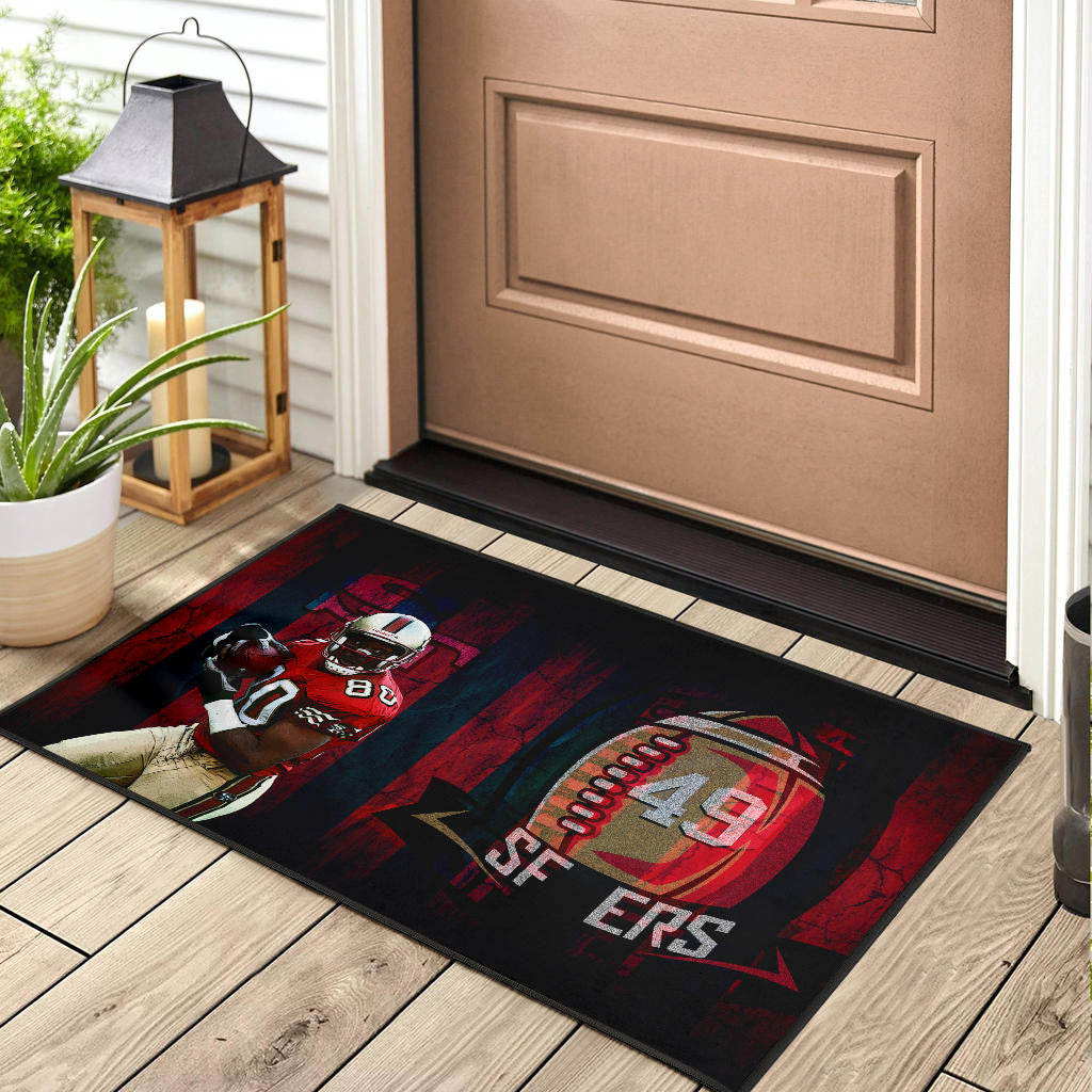 San Francisco American Football 49ers Football Door Mat Player 80 Holding Ball Black And Red SF Ers Door Mat Home Decor