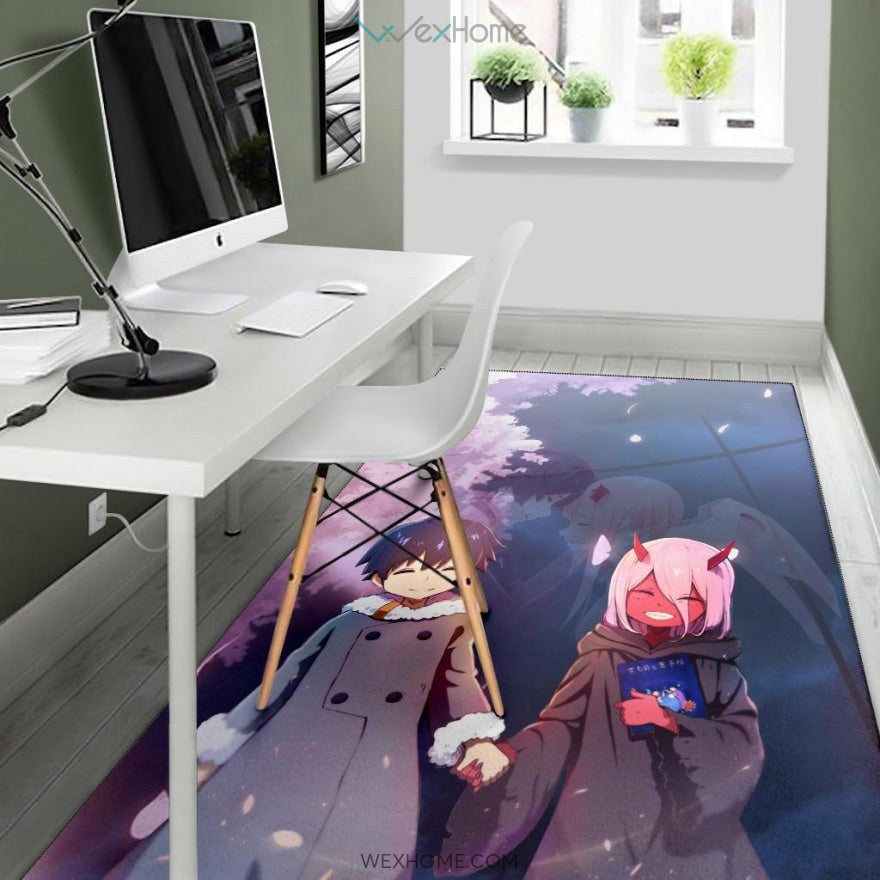 Darling In The Franxx Anime Cute Little Hiro And Red Zero Two Holding Hands Cherry Blossom Area Rug Home Decor