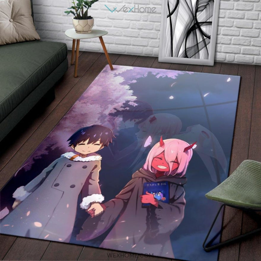 Darling In The Franxx Anime Cute Little Hiro And Red Zero Two Holding Hands Cherry Blossom Area Rug Home Decor
