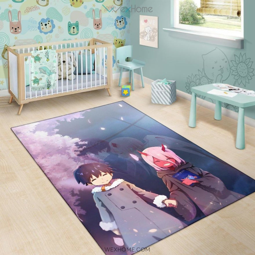 Darling In The Franxx Anime Cute Little Hiro And Red Zero Two Holding Hands Cherry Blossom Area Rug Home Decor