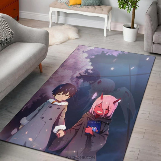 Darling In The Franxx Anime Cute Little Hiro And Red Zero Two Holding Hands Cherry Blossom Area Rug Home Decor