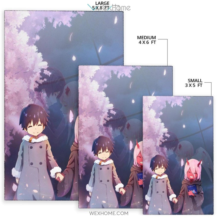 Darling In The Franxx Anime Cute Little Hiro And Red Zero Two Holding Hands Cherry Blossom Area Rug Home Decor