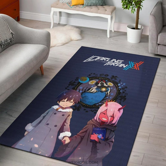 Darling In The Franxx Anime Cute Little Hiro And Red Zero Two Holding Hands Zodiac Artwork Area Rug Home Decor
