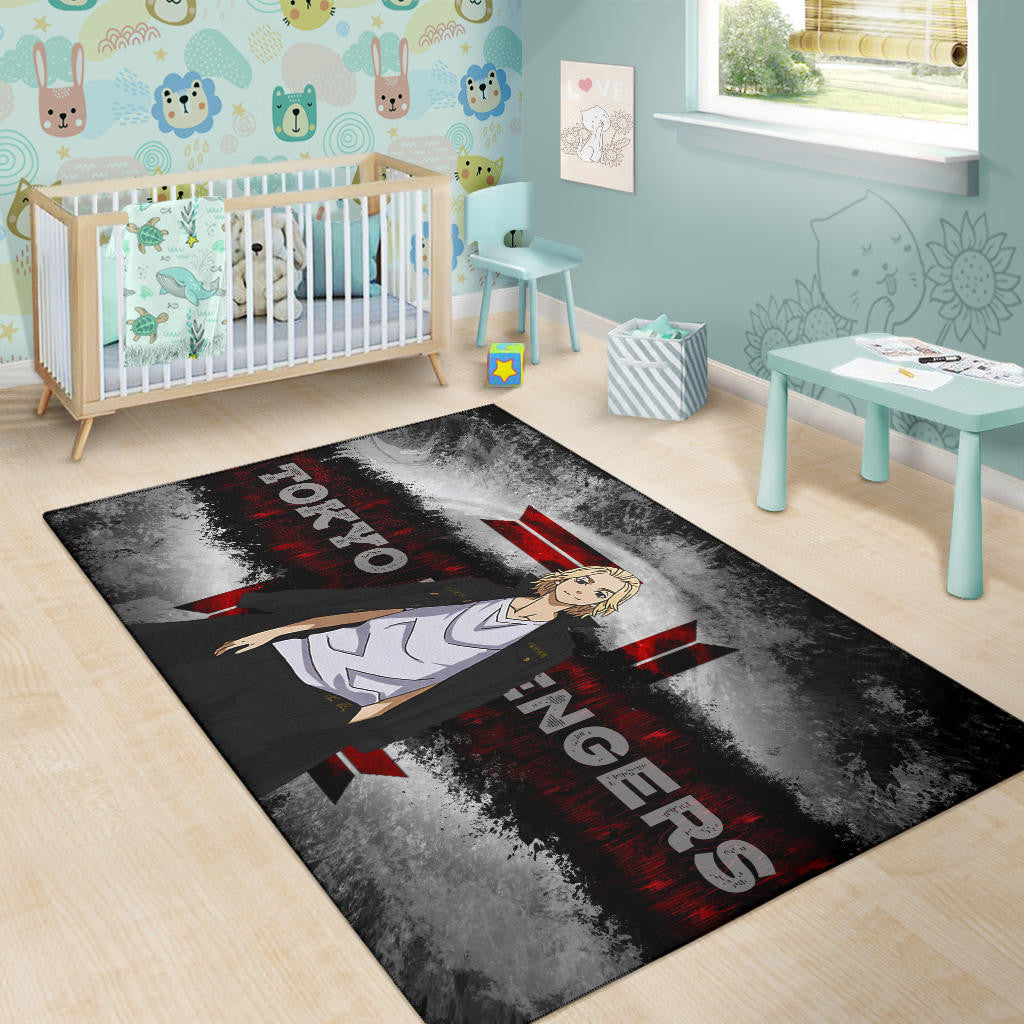 Tokyo Revengers Anime Cool Mikey Smiling Red And Grey Area Rug Home Decor
