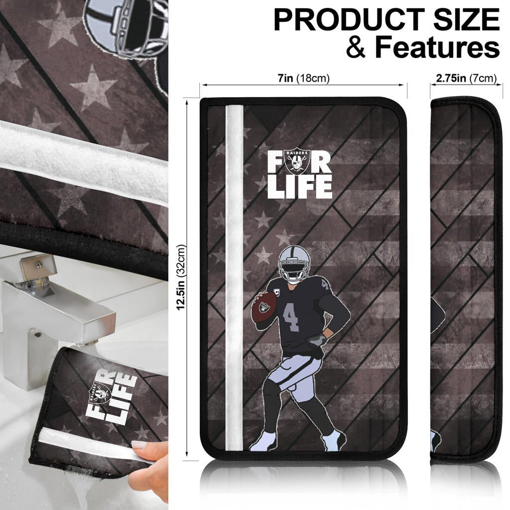 Las Vegas Raiders American Football Team Derek Carr Holding Rugby Ball Running Faded Flag For Life Seat Belt Covers