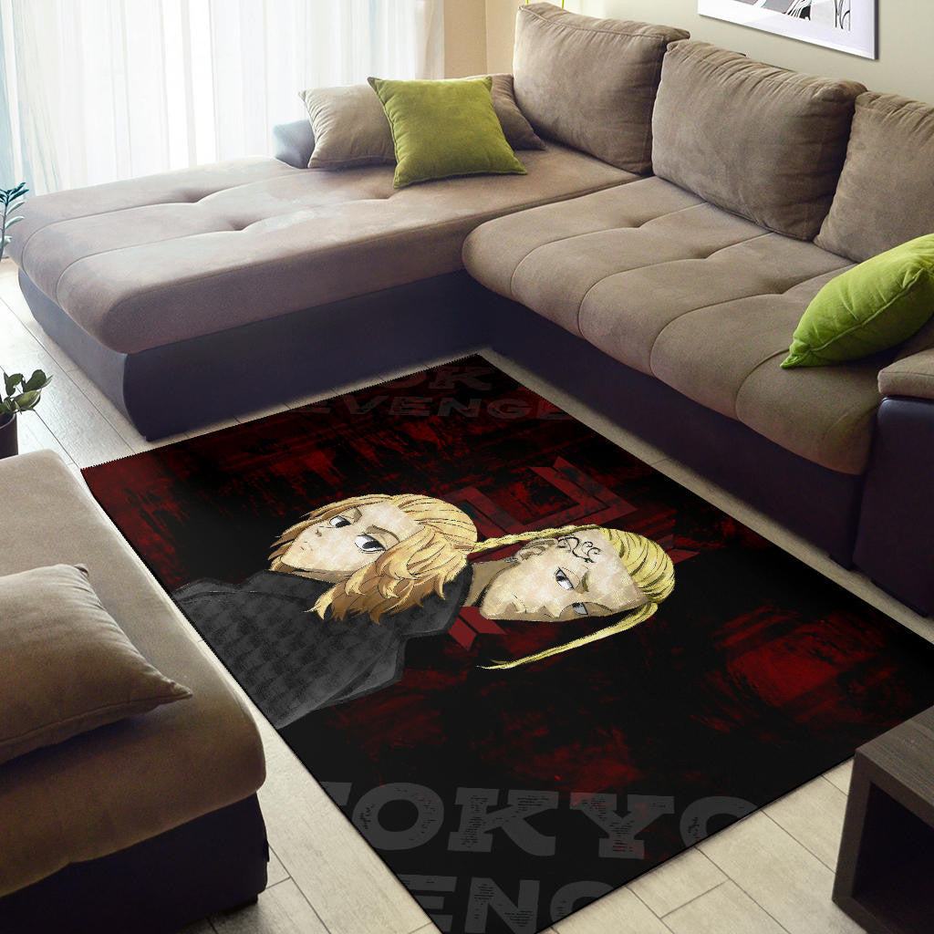 Tokyo Revengers Anime Mikey And Draken Face Black And Red Theme Area Rug Home Decor