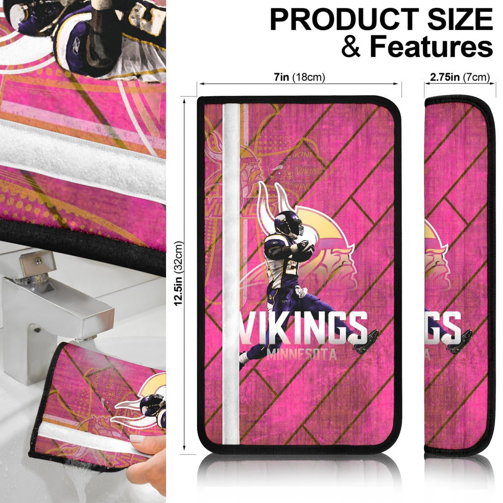Minnesota Vikings American Football Team Adrian Peterson Jumping Symbol On Pink Wall Background Seat Belt Covers