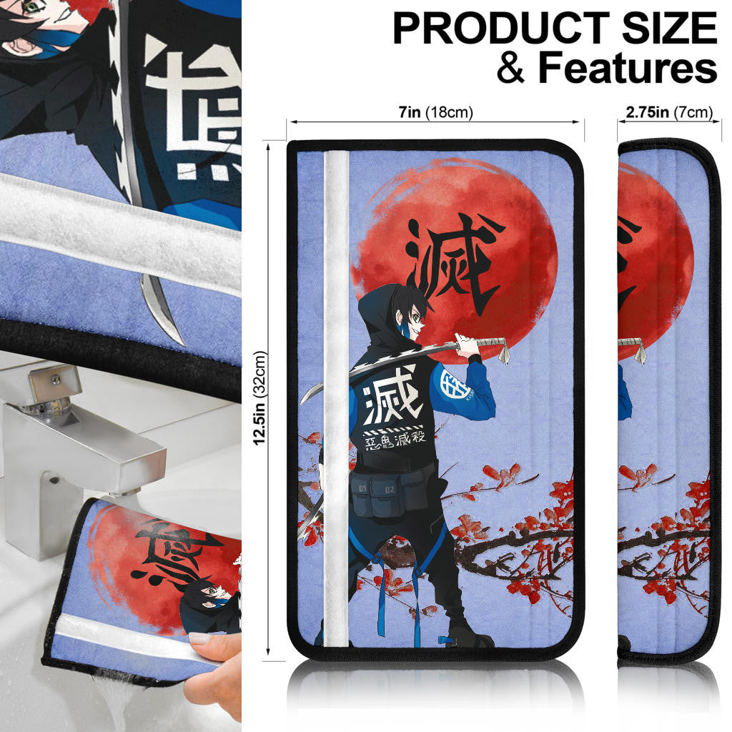 Demon Slayer Anime Inosuke Took Off Mask Wearing Clothes Blue Theme Seat Belt Covers
