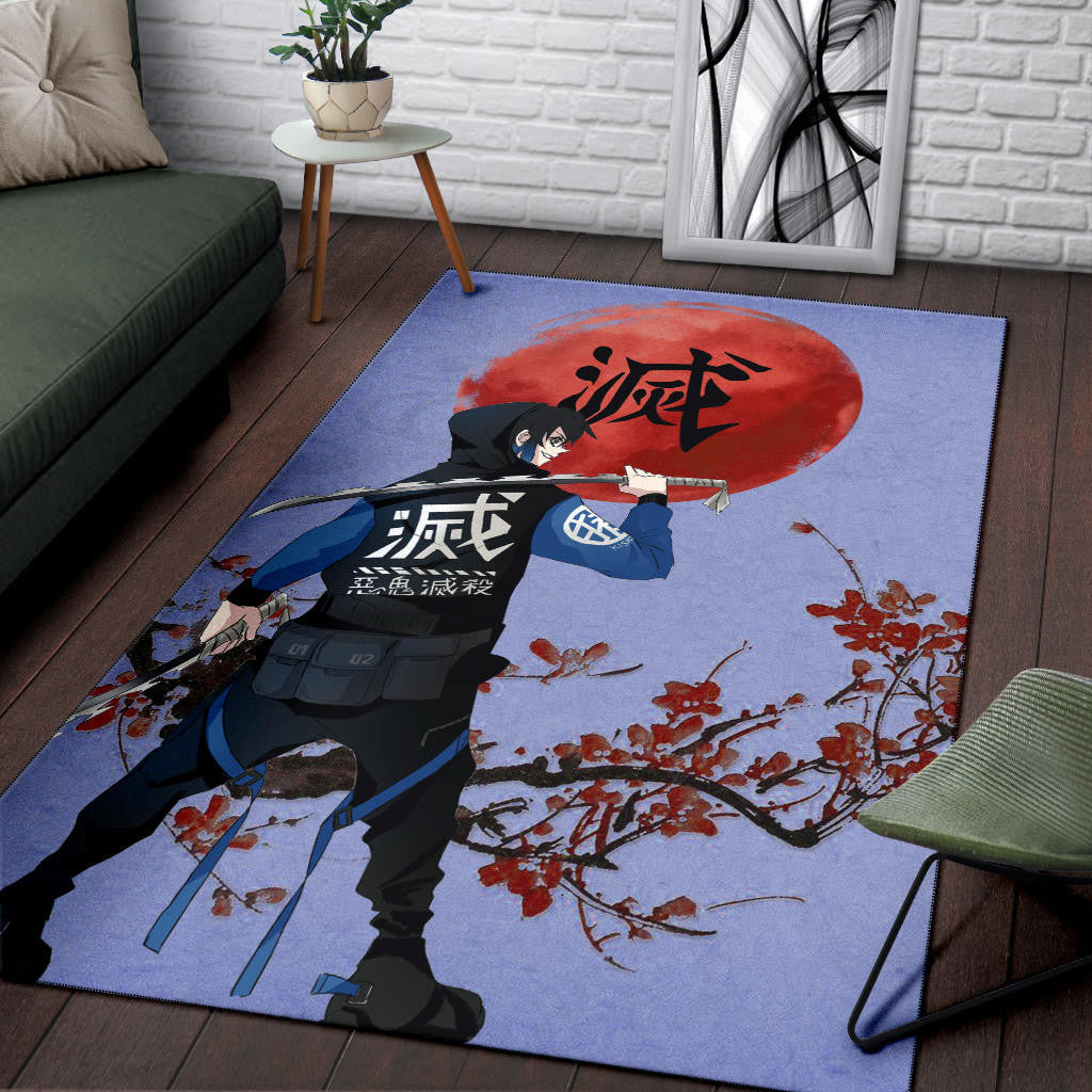 Demon Slayer Anime Inosuke Took Off Mask Wearing Clothes Blue Theme Area Rug Home Decor