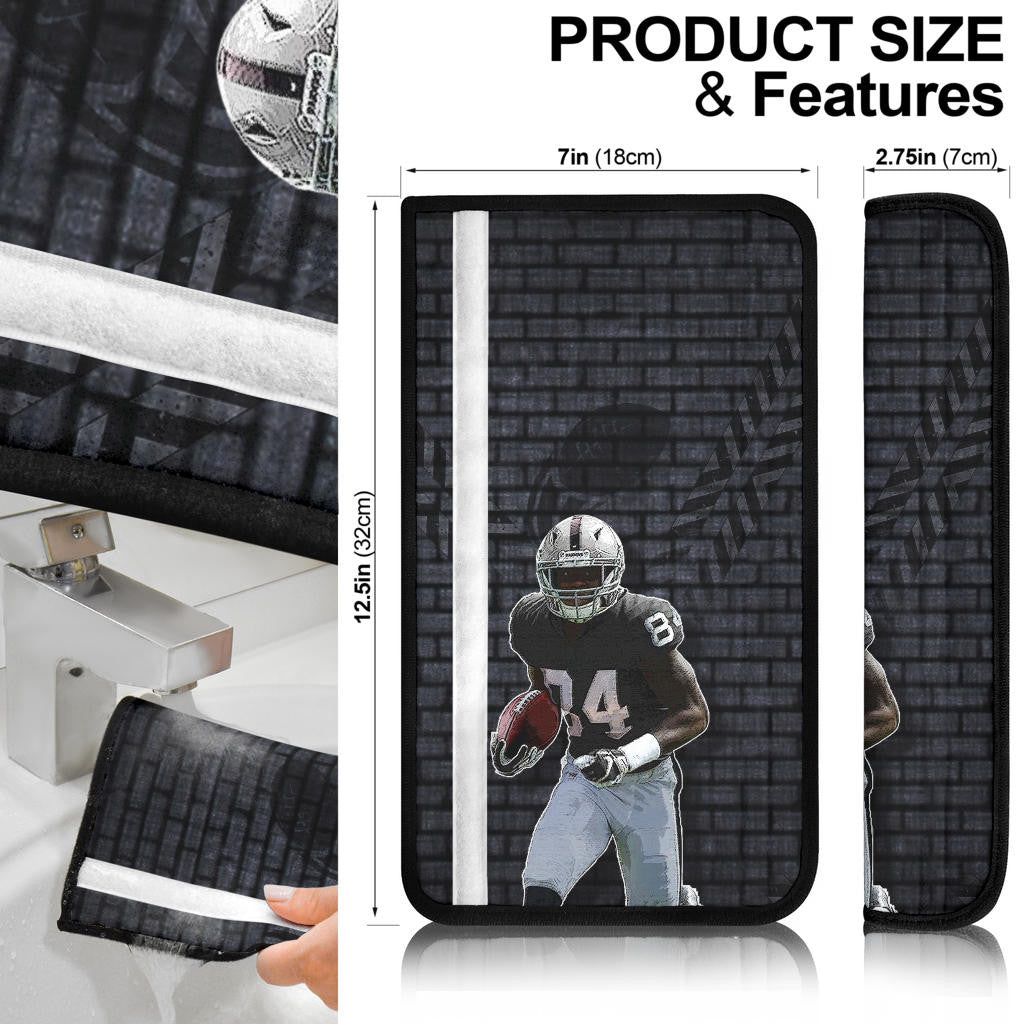 Las Vegas Raiders American Football Team Jerry Porter Holding Rugby Ball Running Black White Seat Belt Covers