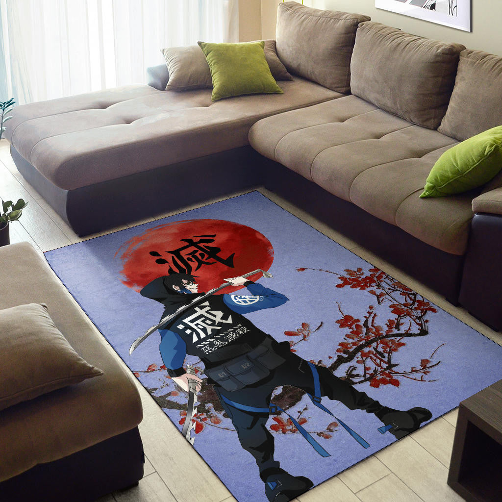 Demon Slayer Anime Inosuke Took Off Mask Wearing Clothes Blue Theme Area Rug Home Decor