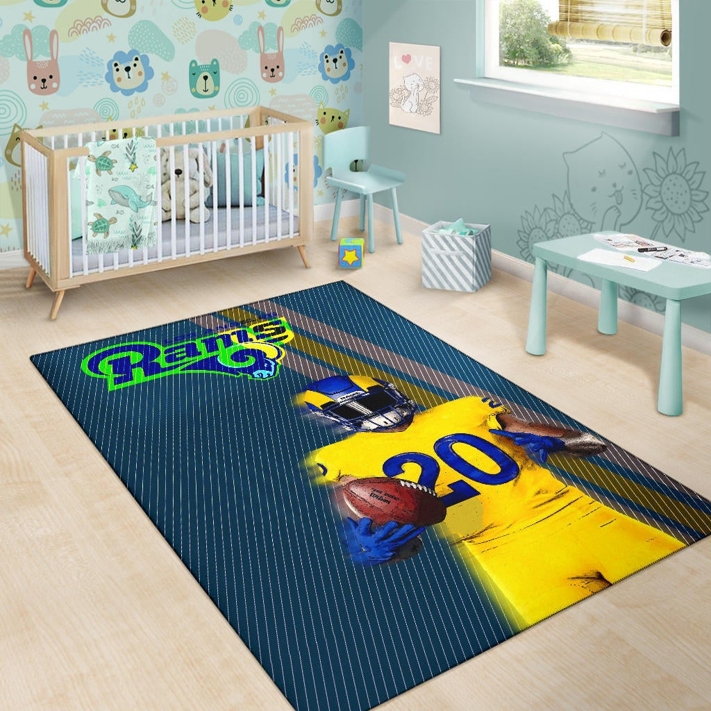 Los Angeles Rams American Football Team Jalen Ramsey 20 Wearing Helmet Standing Area Rug Home Decor