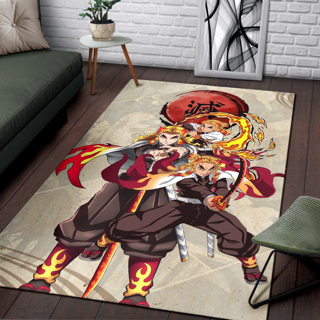 Demon Slayer Anime Rengoku Fire Breath Power Red Sun Area Rug Home Decor