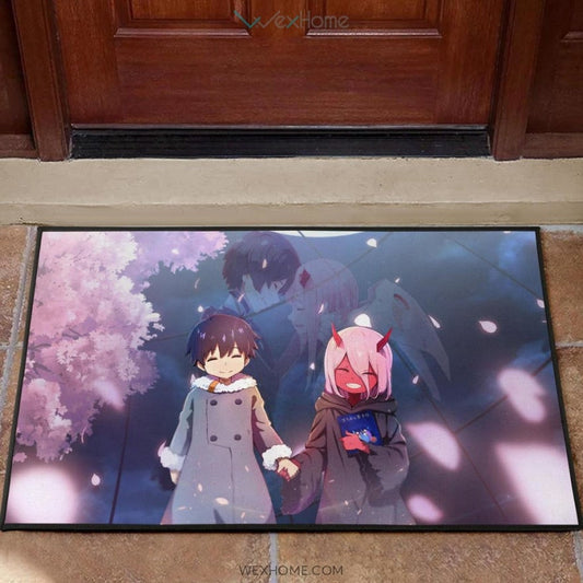 Darling In The Franxx Anime Cute Little Hiro And Red Zero Two Holding Hands Cherry Blossom Door Mat Home Decor