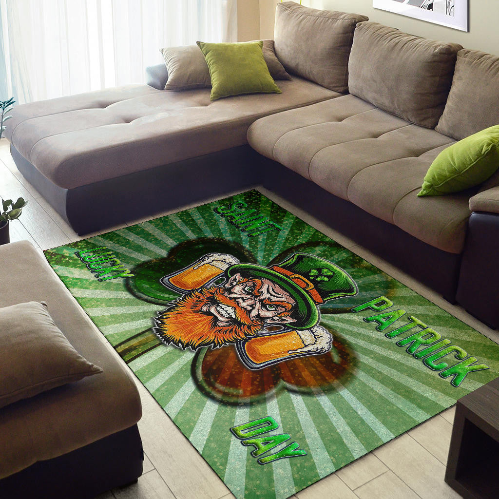 Saint Patrick's Leprechauns Beers Shamrock Spiral Green White Area Rug Home Decor