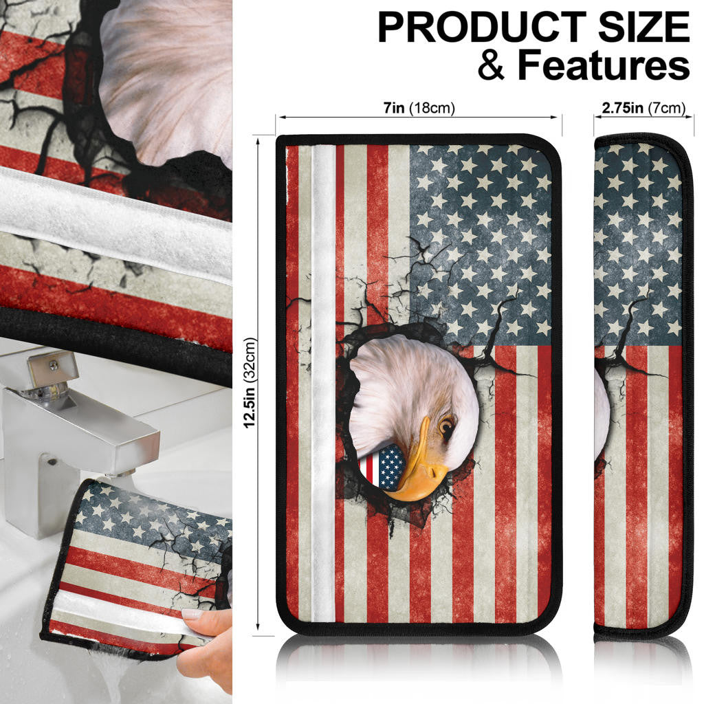 US Independence Day Bald Eagle Breaking Though US Flag Seat Belt Covers