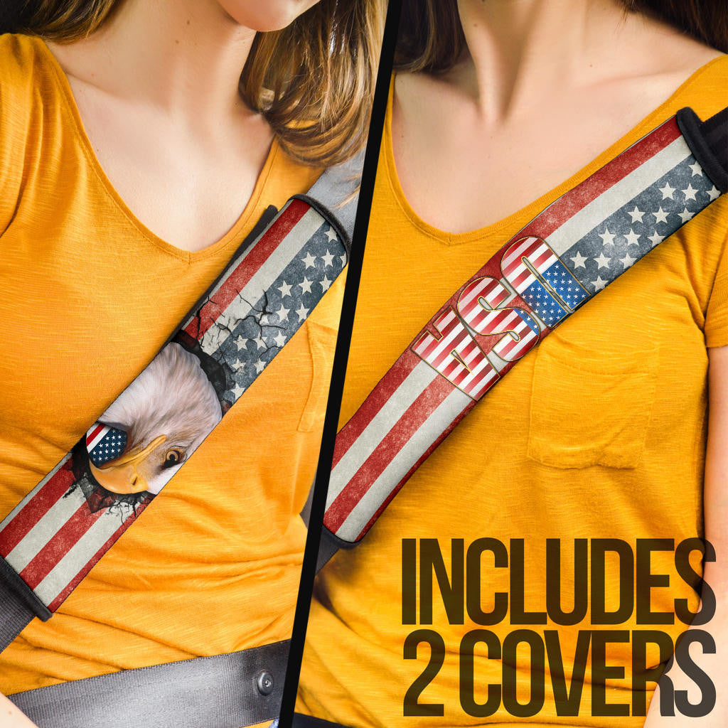 US Independence Day Bald Eagle Breaking Though US Flag Seat Belt Covers