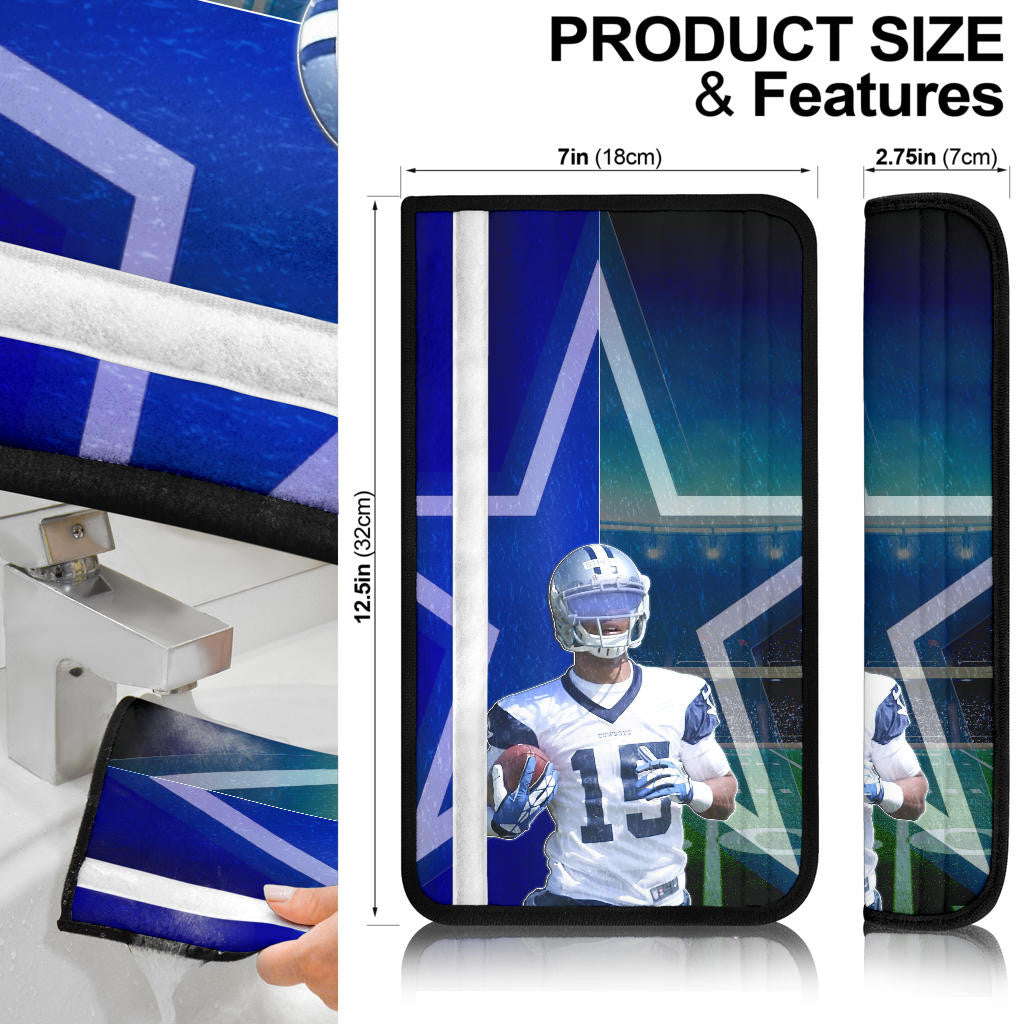 Dallas Football Cowboys American Player 15 Holding Rugby Ball Seat Belt Covers