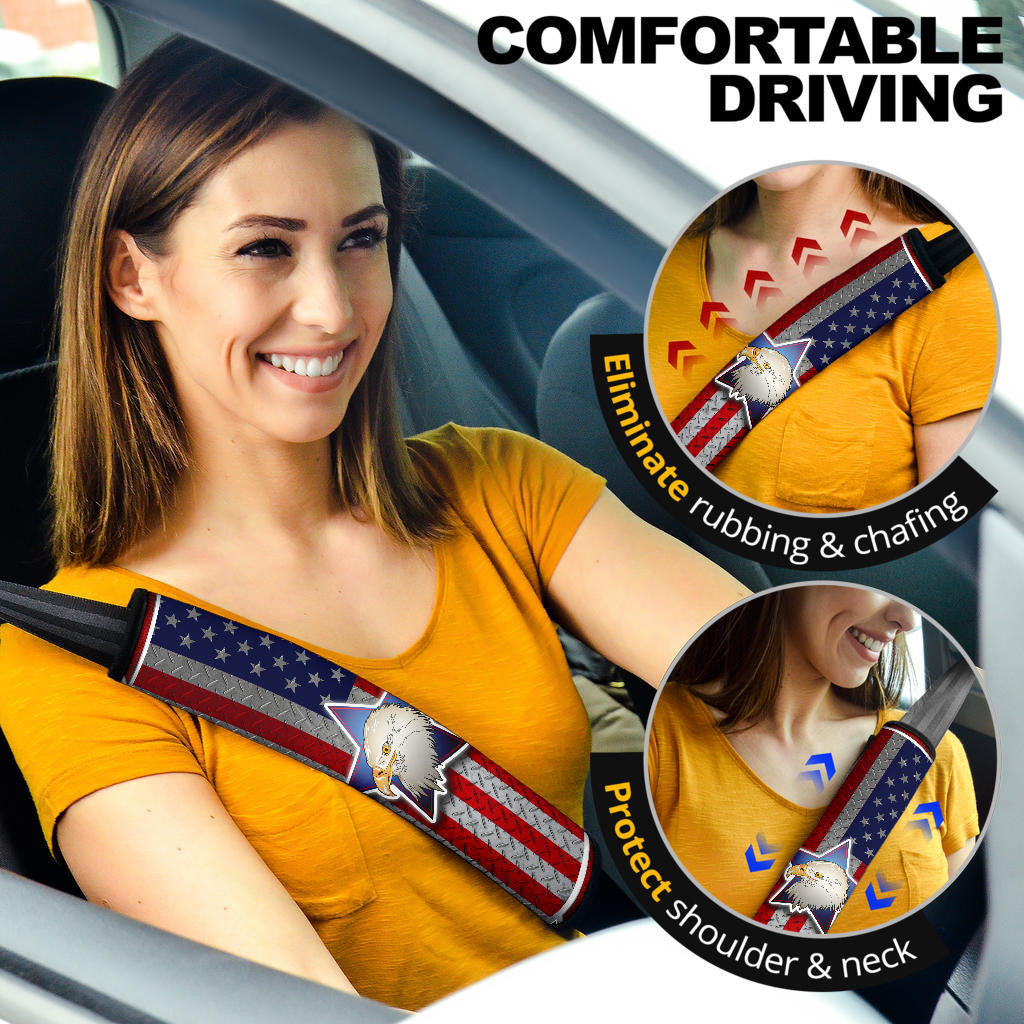 US Independence Day America's Navy Eagle Head On US Steel Flag Seat Belt Covers