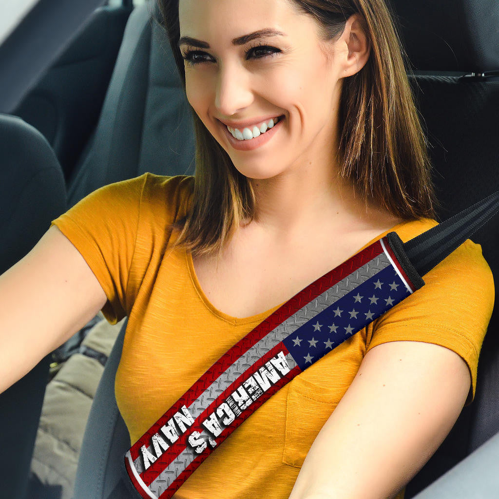 US Independence Day America's Navy Eagle Head On US Steel Flag Seat Belt Covers