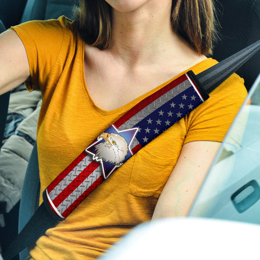 US Independence Day America's Navy Eagle Head On US Steel Flag Seat Belt Covers
