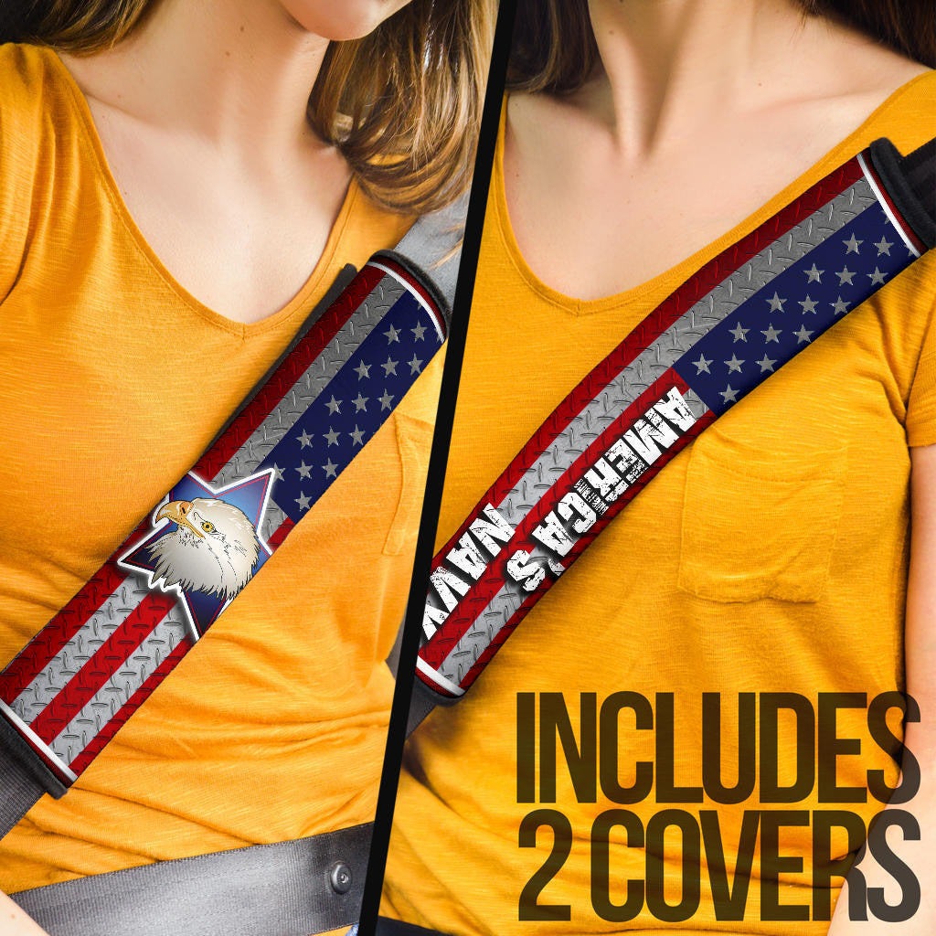 US Independence Day America's Navy Eagle Head On US Steel Flag Seat Belt Covers