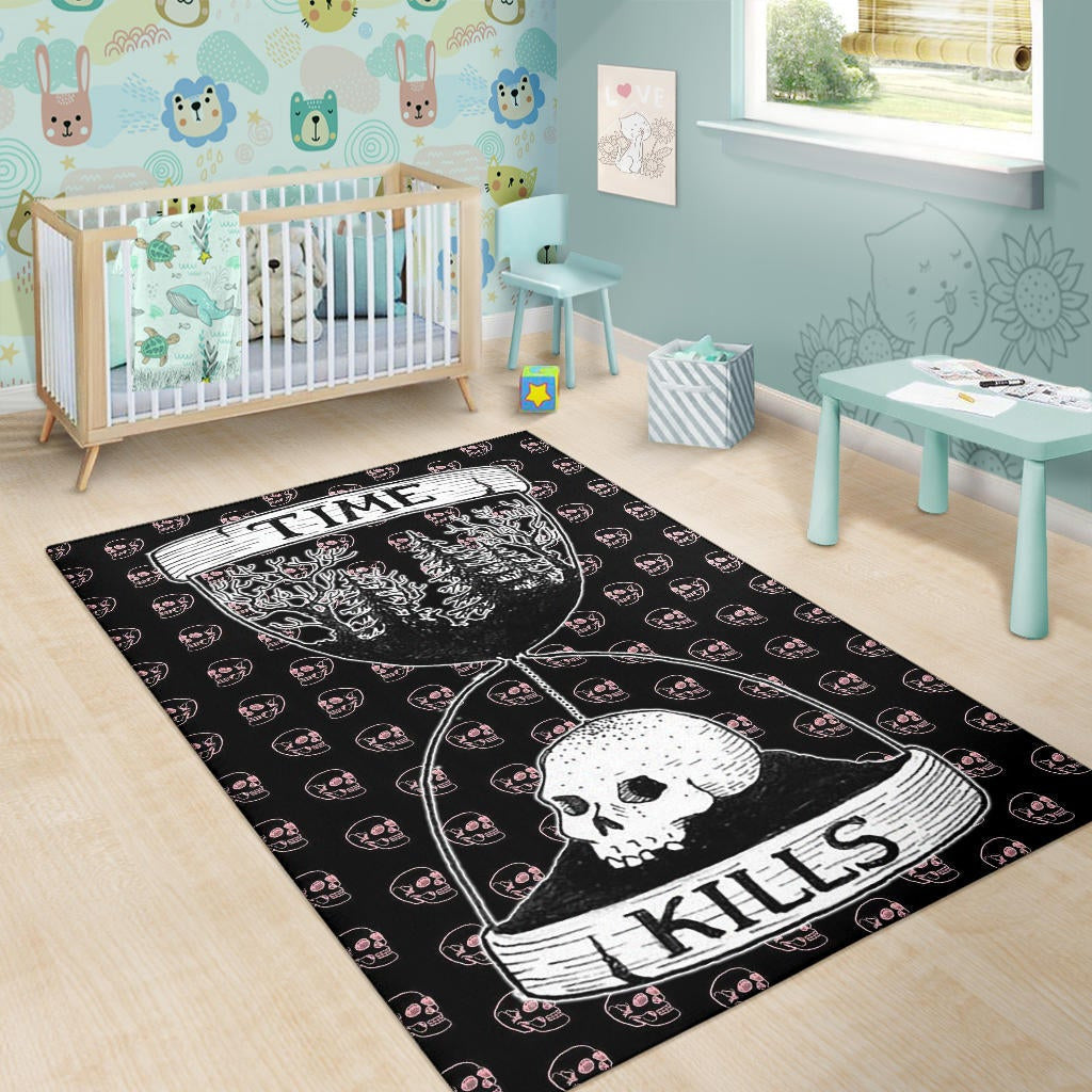 Time Kills Skeleton Head Patterns Sand Timer Area Rug Home Decor