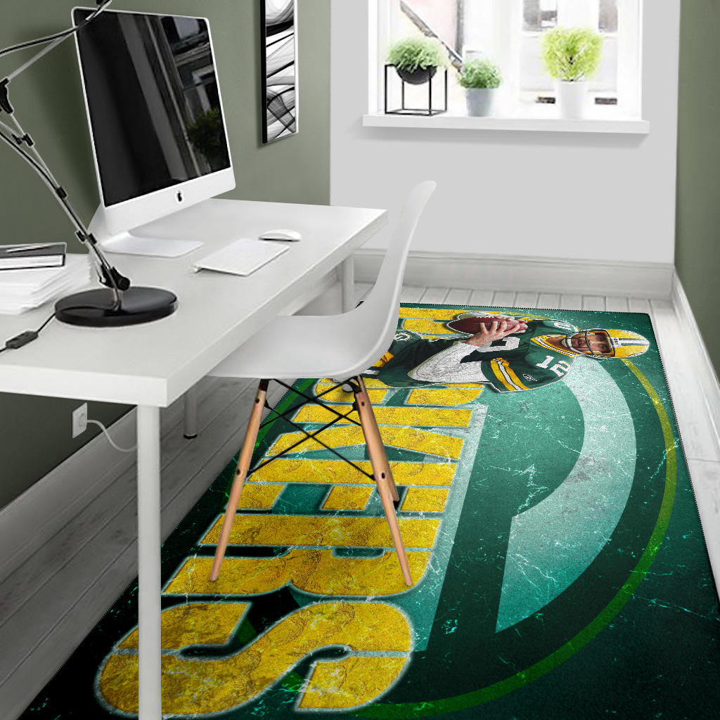 Green Bay American Football Packers Aaron Rodgers Ready To Throw Rugby Ball Area Rug Home Decor