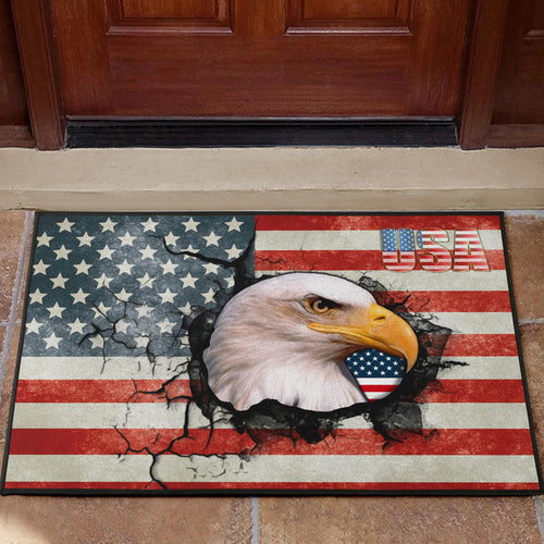 US Independence Day Bald Eagle Breaking Though US Flag Door Mat Home Decor