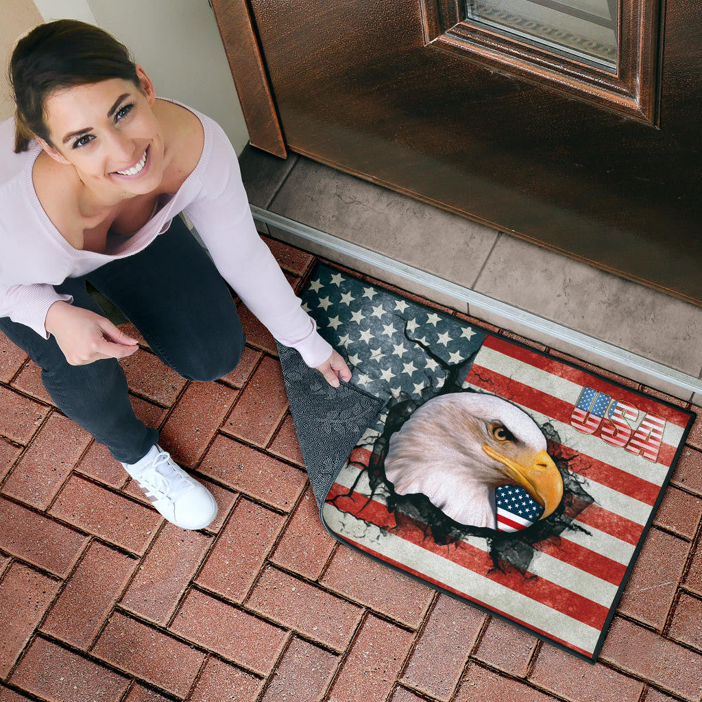 US Independence Day Bald Eagle Breaking Though US Flag Door Mat Home Decor