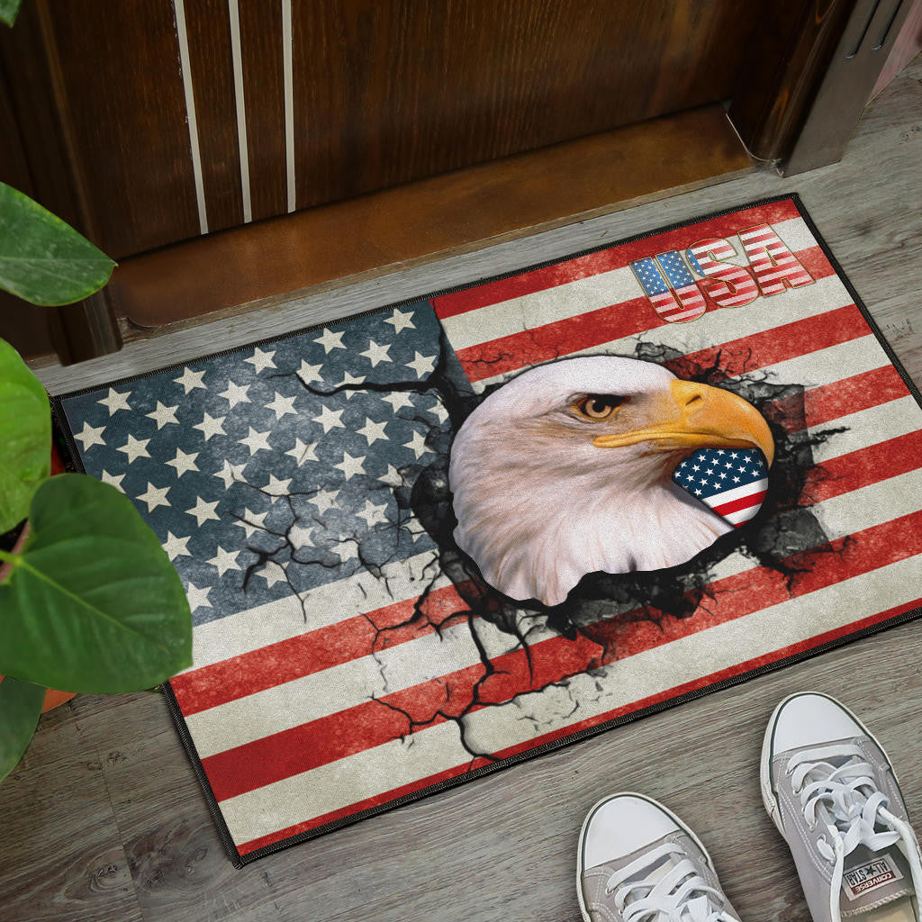 US Independence Day Bald Eagle Breaking Though US Flag Door Mat Home Decor