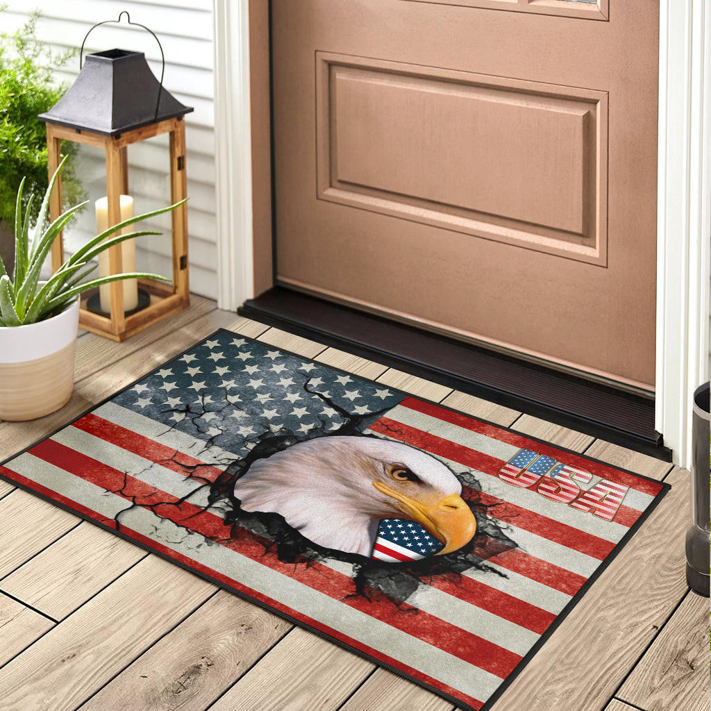 US Independence Day Bald Eagle Breaking Though US Flag Door Mat Home Decor