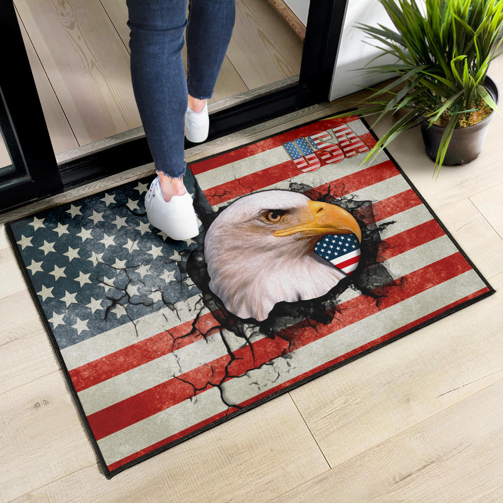 US Independence Day Bald Eagle Breaking Though US Flag Door Mat Home Decor