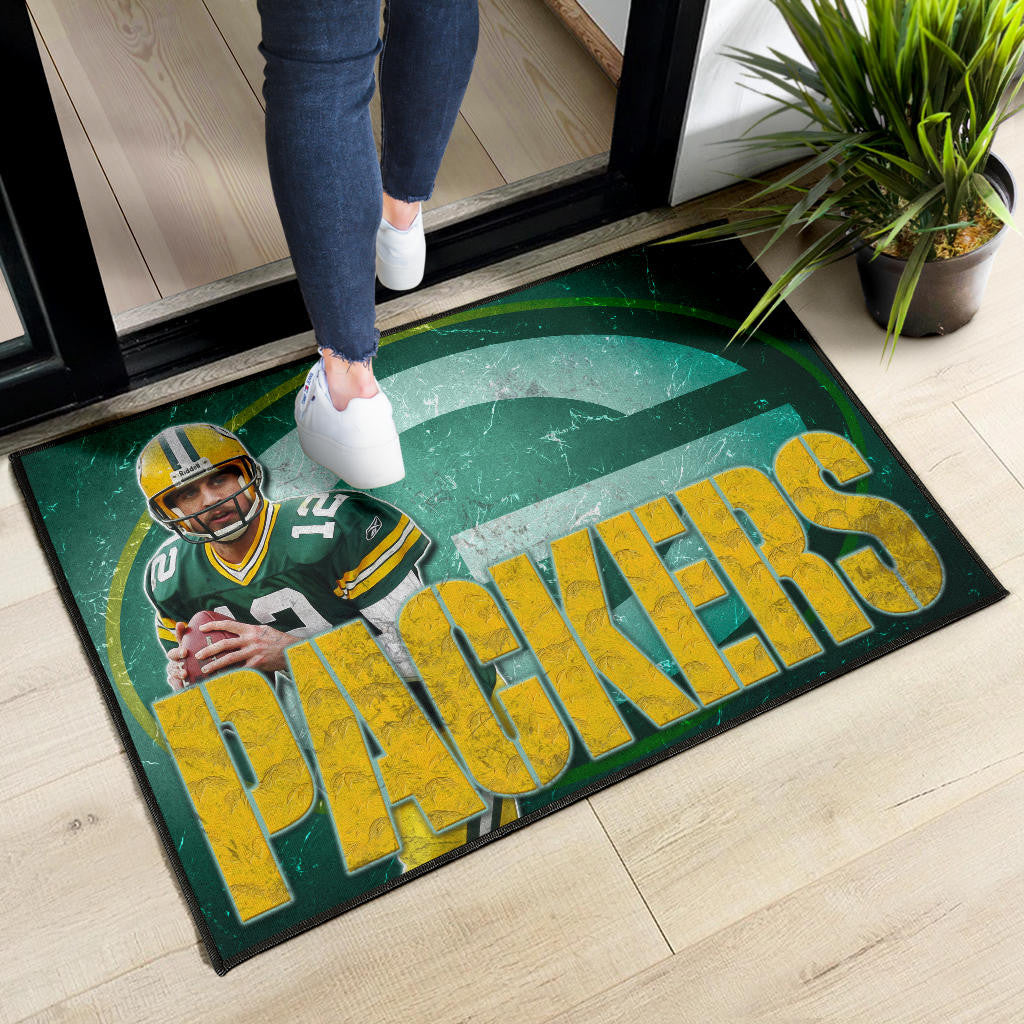 Green Bay American Football Packers Aaron Rodgers Ready To Throw Rugby Ball Door Mat Home Decor