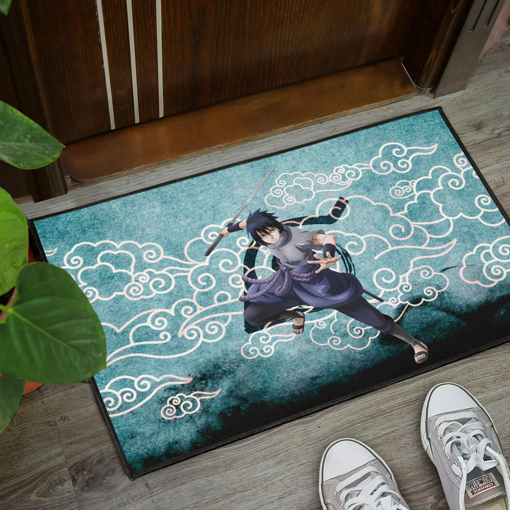 Naruto Anime Sasuke Uchiha Cloud Pattern Blue Theme Door Mat Home Decor