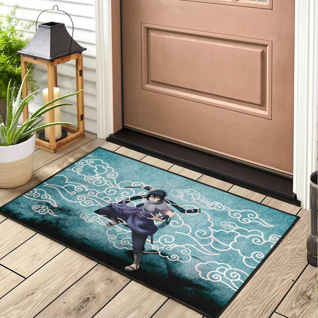 Naruto Anime Sasuke Uchiha Cloud Pattern Blue Theme Door Mat Home Decor
