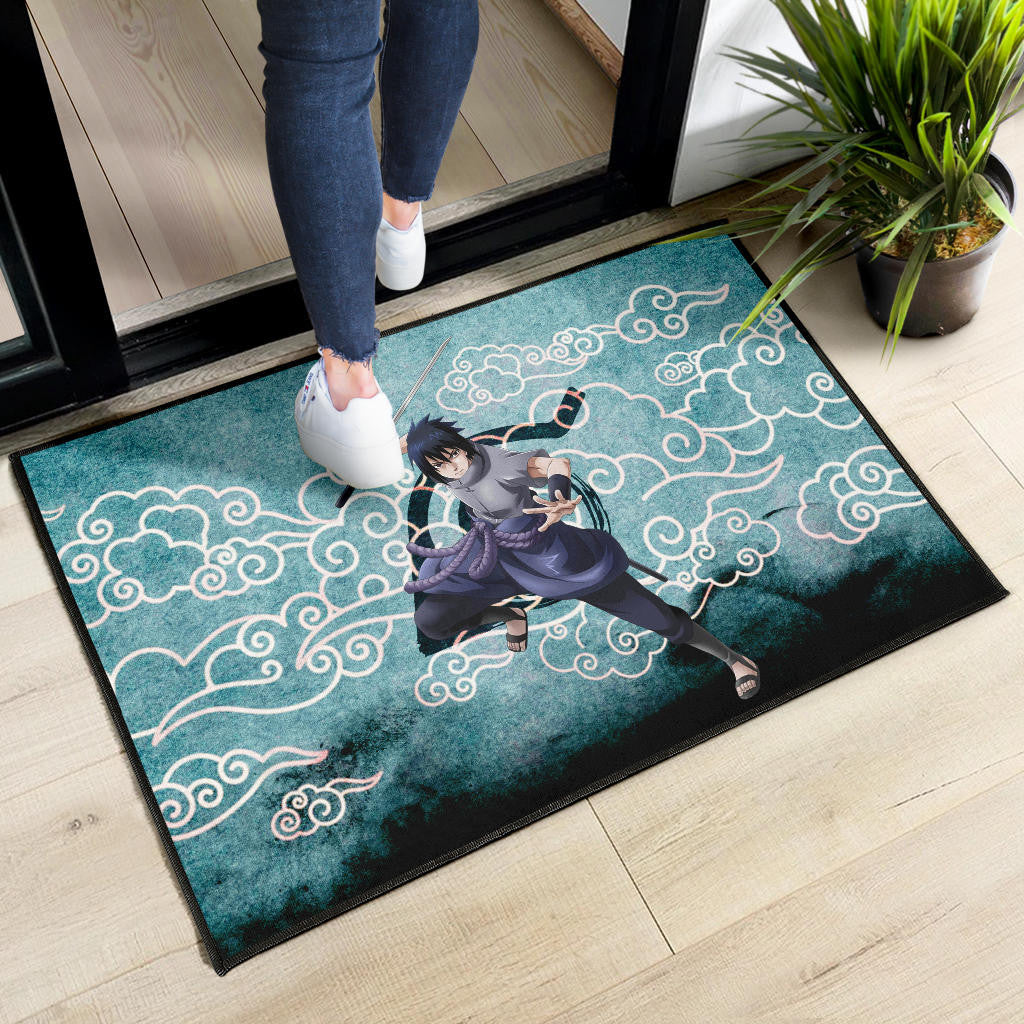 Naruto Anime Sasuke Uchiha Cloud Pattern Blue Theme Door Mat Home Decor