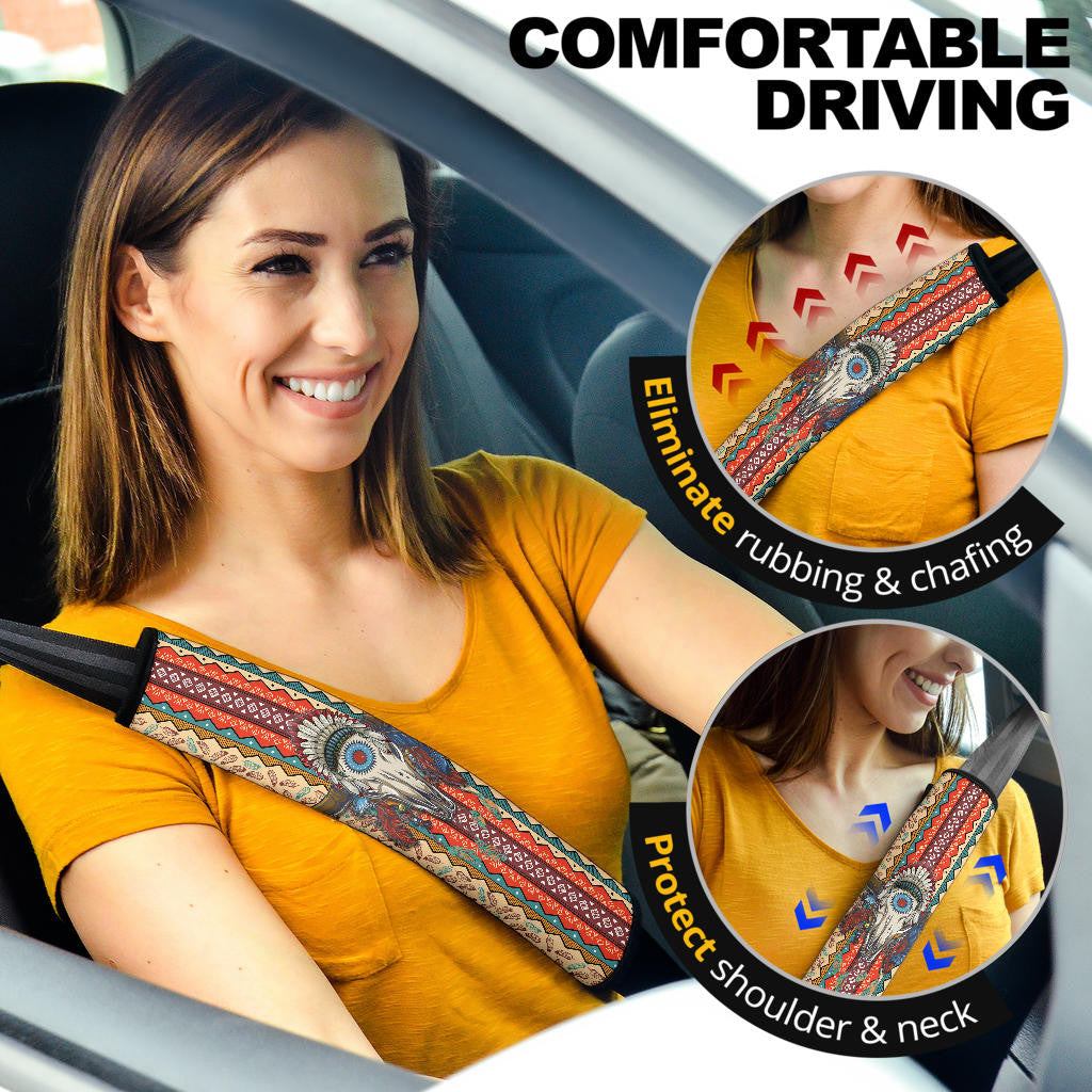 Abstract Buffalo Seat Belt Covers Native American Car Accessories Custom For Fans