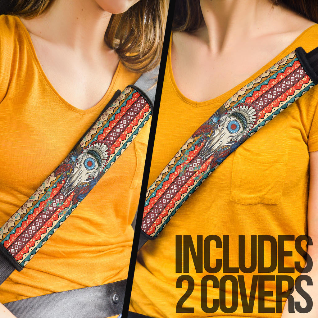 Abstract Buffalo Seat Belt Covers Native American Car Accessories Custom For Fans