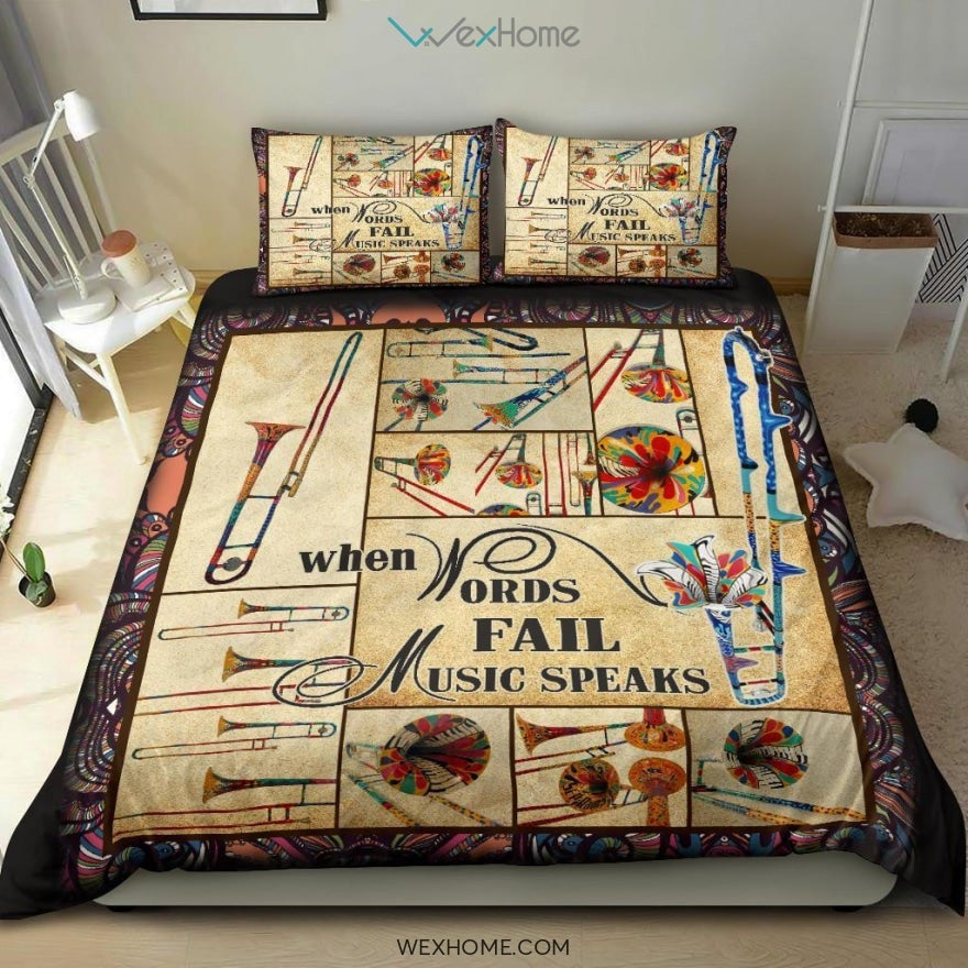 Trombone When Words Fail Music Speaks Quilt Bedding - Duvet Cover And Pillowcase Set - Unique Design Amazing Gift
