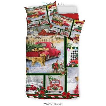 Golden Retriever Red Truck Christmas Quilt Bedding - Duvet Cover And Pillowcase Set - Unique Design Amazing Gift